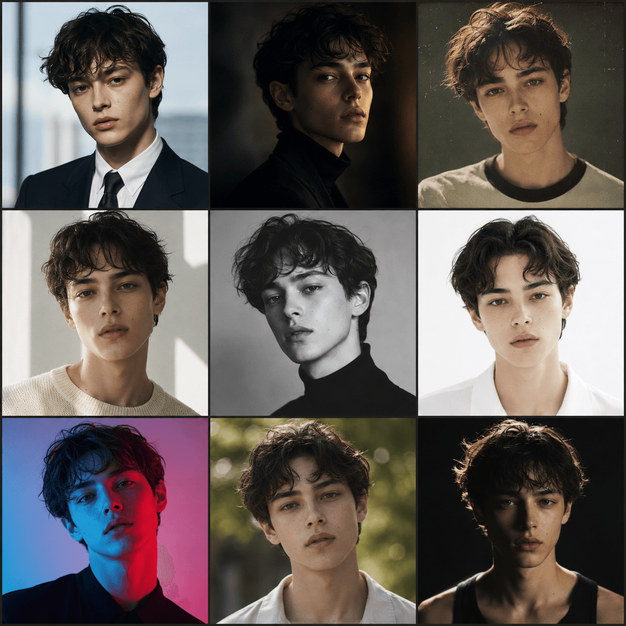 Look sheet example — A nine-up contrast grid of one face across every style, so you choose the direction before the full set renders.