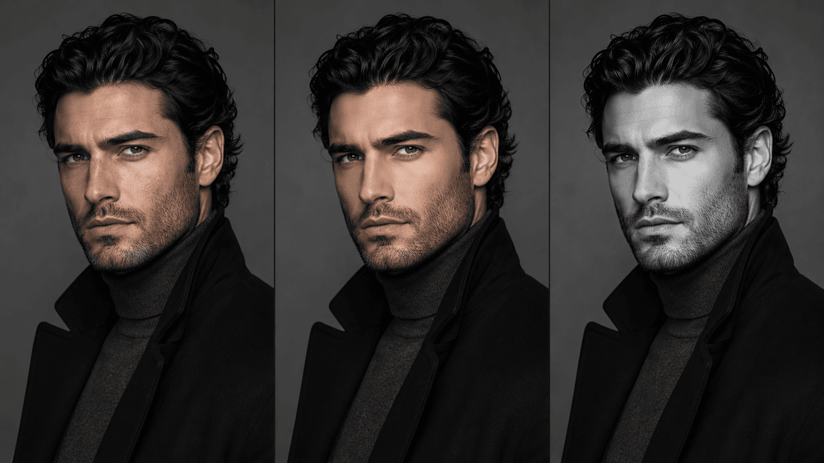 Retouch variants example — Every portrait in natural, polished and black-and-white — controlled retouch levels, no plastic skin.