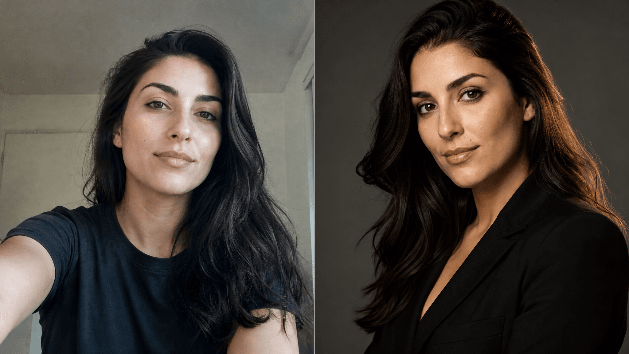 A plain selfie on the left transformed into a studio-grade AI headshot on the right